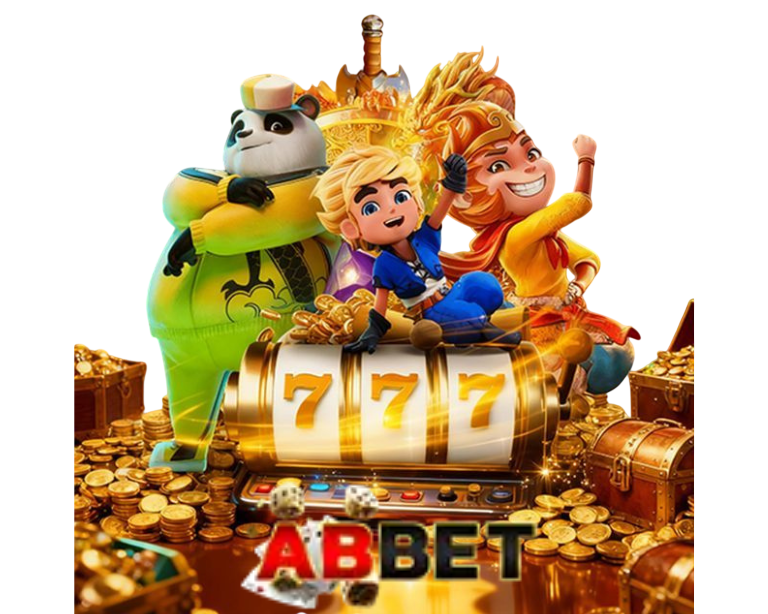 ABBET ภาพสล็อต 777 สีทองล้อมรอบด้วยเหรียญและหีบสมบัติ พร้อมตัวการ์ตูนแฟนตาซี 3 ตัว และโลโก้ ABBET ด้านล่าง สไตล์คาสิโนออนไลน์แตกหนัก