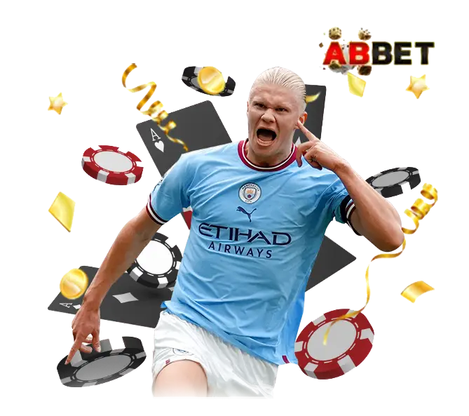 ABBET คาสิโนออนไลน์รวมสล็อตและเกมเดิมพัน พร้อมภาพนักเตะและชิปคาสิโน ลุ้นกำไรได้ทุกวัน